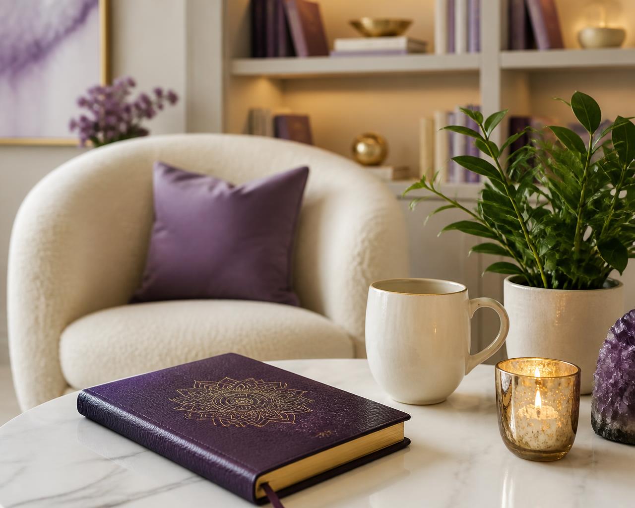 Marble table with a purple gold-embossed journal, ceramic mug, candle and plant in a serene lounge