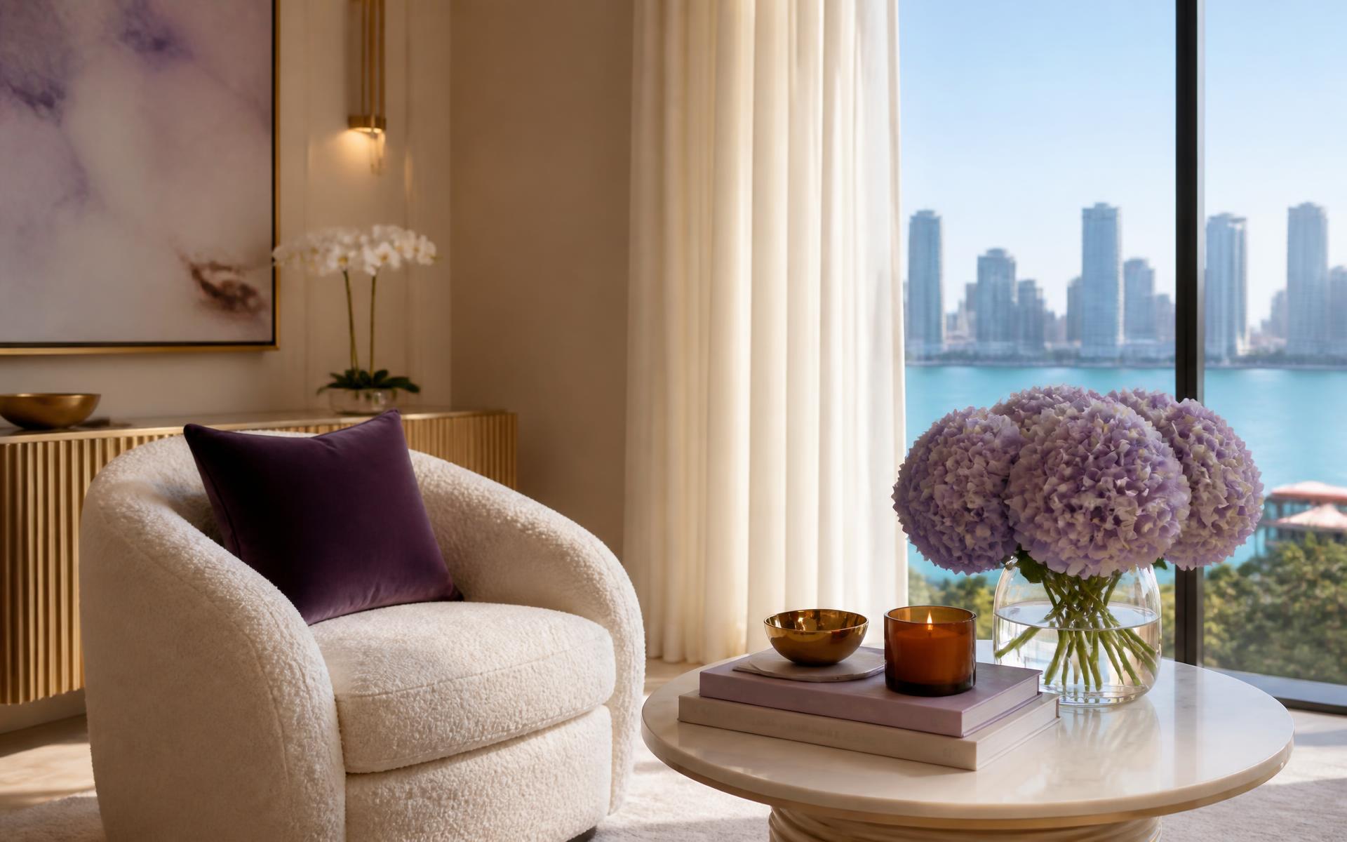 Cream armchair with a purple velvet pillow, marble table, candle and lavender hydrangeas beside a sunlit window