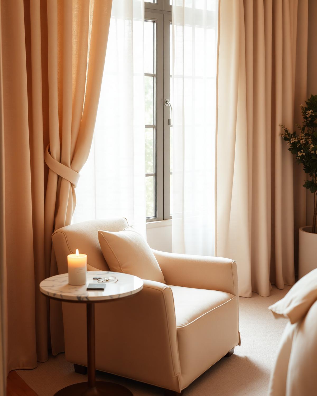 A quiet private therapy lounge with a cream armchair, marble side table, and candle by a sunlit window
