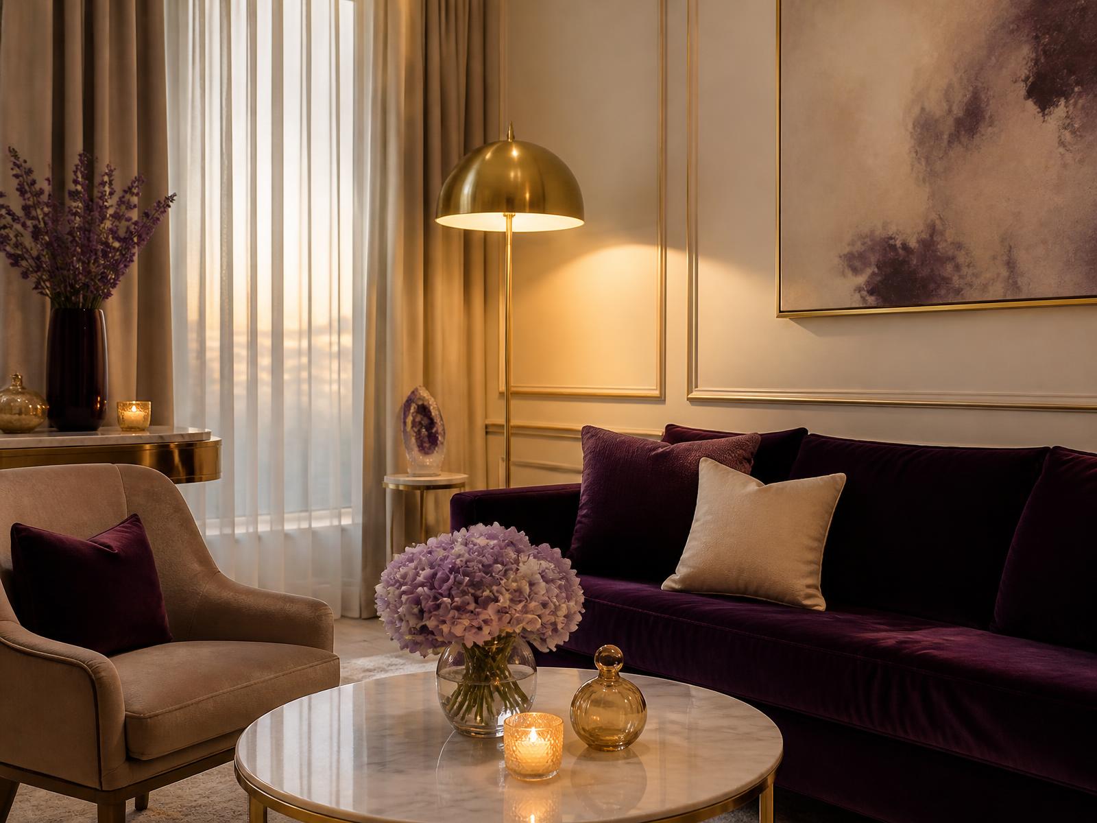 A quiet private therapy lounge with a cream armchair, marble side table, and candle by a sunlit window