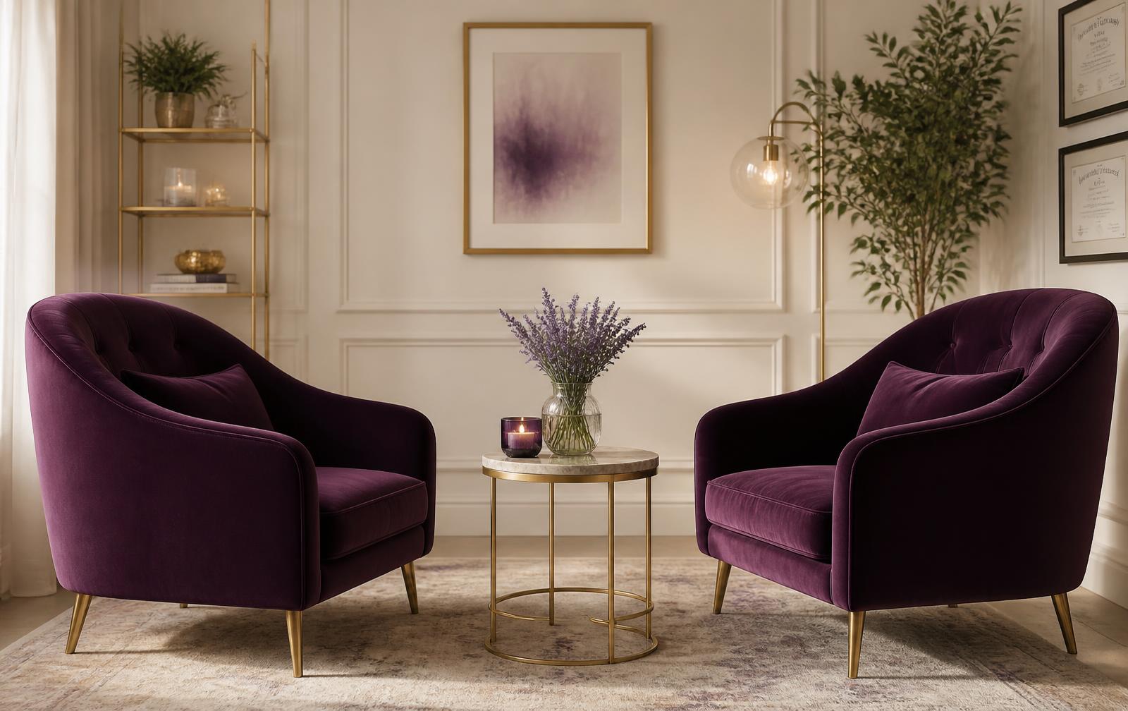 Two upholstered chairs facing each other with a small wooden side table and vase of green branches