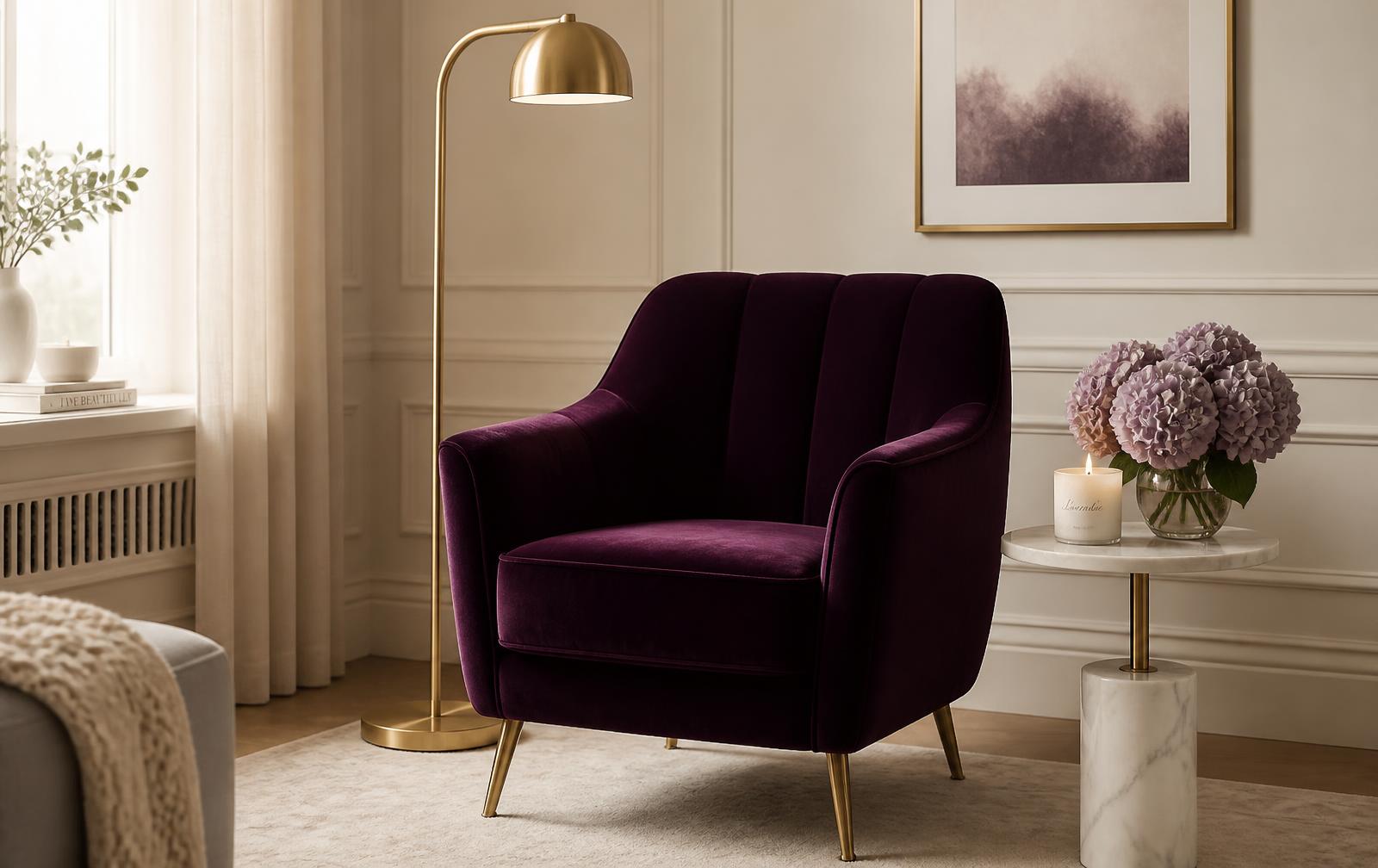 Sunlit reading nook with a linen armchair and a leafy potted plant beside sheer curtains