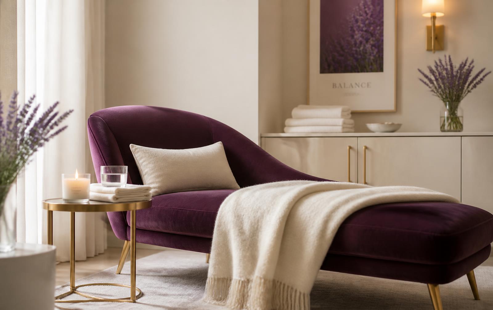 A serene bed with soft linen, a folded throw, a glass of water, small plant, and an open journal