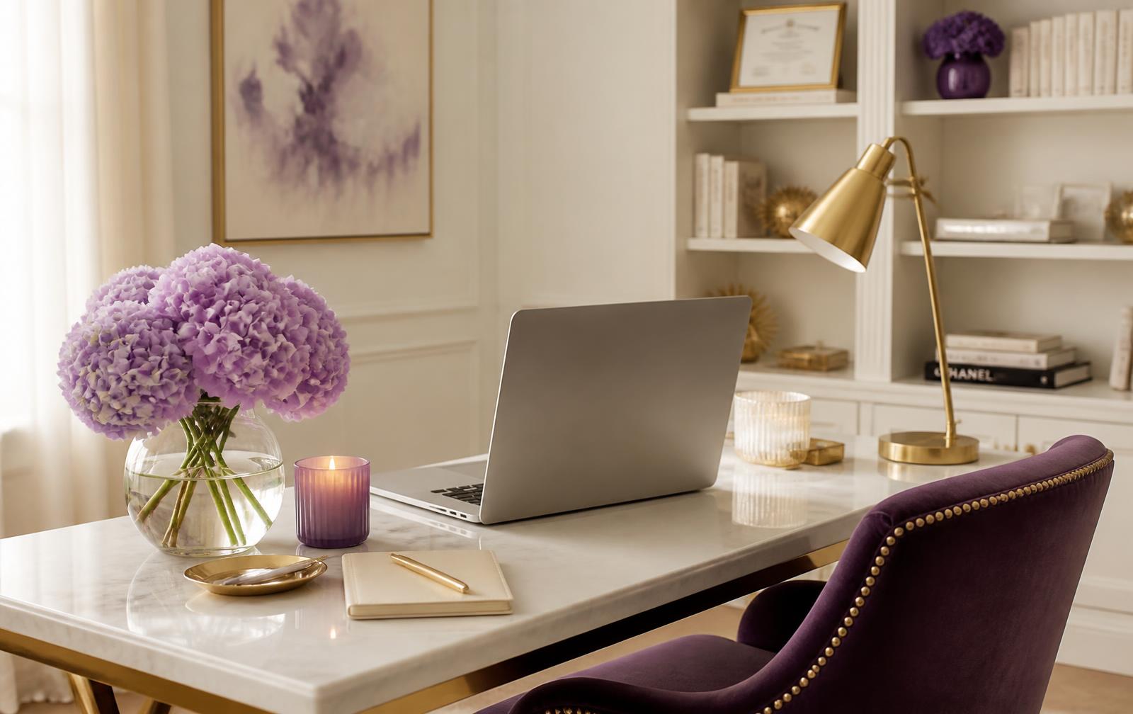 A tidy home desk with an open laptop, ceramic mug of tea, journal, and small plant by a window